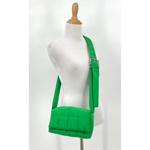 Handbag Womens Small Green Nylon Quilted Crossbody Bag Bright Kelly Adjustable - Picture 2 of 14